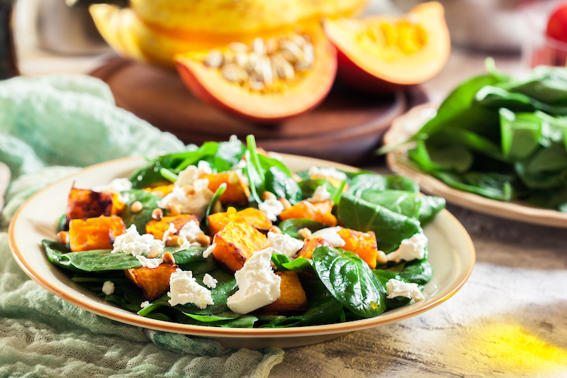 Roast Pumpkin & Feta Salad with Pine Nuts, Baby Spinach and Rocket