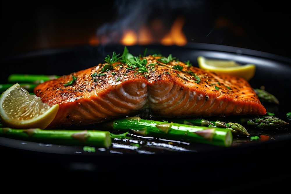 Lemon & Dill Baked Salmon with Asparagus, Pea, Feta & Pine Nut Salad